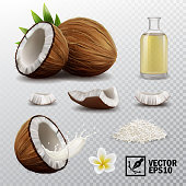 3d realistic vector set of elements (whole coconut, half coconut, coconut chips, splash coconut milk or oil, coconut chips, coconut flower, oil bottle)