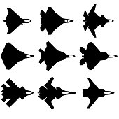 6th generation fighters vector illustration icons showing current and advanced/planned models of potential fighter aircraft and drone models for the 21st century.