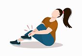 a young woman sits on the ground and holds on to her aching leg. Illustration on the topic of leg injuries and injuries during running and sports
