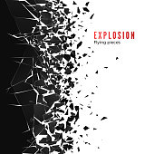 Abstract cloud of pieces and fragments after wall explosion. Shatter and destruction effect. Vector illustration