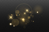 Abstract golden lights bokeh isolated on a dark transparent background. Shining stars and glare. Footage for your design. Realistic brilliant glitter. Vector illustration.