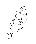 Abstract woman face with wavy hair. Black and white hand drawn line art. Outline vector illustration