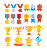 Achievement award trophy golden cup medal icon set. Vector flat graphic design cartoon illustration