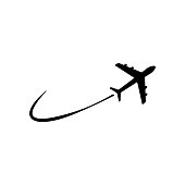 Airplane fly icon. Plane flying with line.