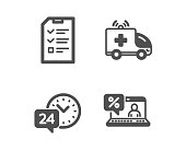 Ambulance car, Interview and 24h service icons. Online loan sign. Vector