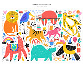 Animals and party symbols vector illustrations set