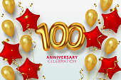100 Anniversary celebration Number in the form star of golden and red balloons. Realistic 3d gold numbers and sparkling confetti, serpentine. Vector