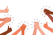 Applause and like group of people. Hands multicultural clap. Congratulations, cheering, thanksgiving, thanks, good, best, winner. Vector illustration