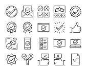 Approve icon. Approved and Check mark line icons set. Editable stroke. Pixel Perfect.