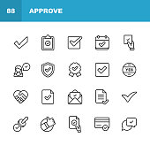 Approve Icons. Editable Stroke. Pixel Perfect. For Mobile and Web. Contains such icons as Approve, Agreement, Quality Control, Certificate, Check Mark, Achievement, Guarantee.