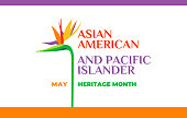 Asian American and Pacific Islander Heritage Month. Vector banner for social media, card, poster. Illustration with text, tropical plants. Asian Pacific American Heritage Month horizontal composition.