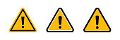 Attention icon set. Warning sign. Hazard warning symbol. Set of black and yellow triangular signs with exclamation mark. Vector illustration