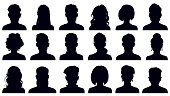 Avatar portrait silhouettes. Woman and man faces portraits, anonymous characters avatars. Adult people head silhouettes vector illustration set