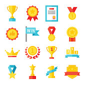 Award, trophy, cup and medal flat icon set - color illustration