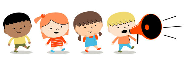 ilustraciones, imágenes clip art, dibujos animados e iconos de stock de regreso a la escuela: grupo de niños chicos y chicas caminando con megáfono - sólo niños niño