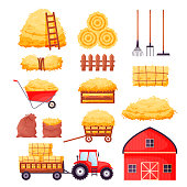 Bale of hay set. Farm barn, tractor, fence, pitchfork, rake, wheelbarrow isolated on white background. Flat dried haystack in wagon and sack, hayloft - cartoon vector illustration