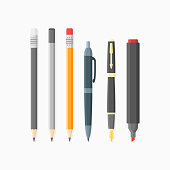 Ballpoint pen, nib, pencils and marker isolated on white background.