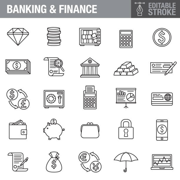 ilustraciones, imágenes clip art, dibujos animados e iconos de stock de conjunto de iconos de trazos editables bancarios y financieros - bolsa de dinero