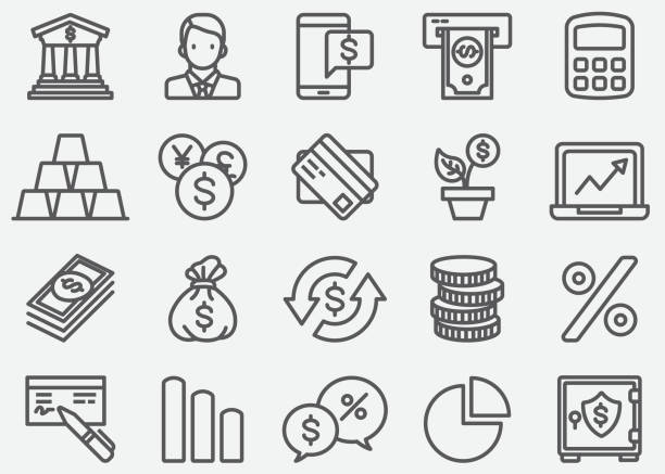 ilustraciones, imágenes clip art, dibujos animados e iconos de stock de iconos de línea de banca - bolsa de dinero