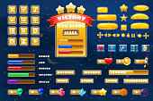 Big set buttons icons elements for Space game cartoon casual games and app. 2D video game UI kit icon for mobile games and background. Graphical user interface, GUI, menu. Vector isolated