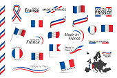Big set of French ribbons, symbols, icons and flags isolated on a white background, Made in France, Welcome to France, premium quality, French tricolor, set for your infographics and templates