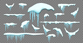 Big set of realistic snow caps, icicles, snowball and snowdrift isolated over white background.