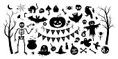 Big set of vector Halloween silhouette elements. Traditional Samhain party black and white clipart. Scary shadow collection with jack-o-lantern, spider, ghost, skull, bats, trees. Autumn holiday design