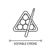 Billiards pixel perfect linear icon. Thin line customizable illustration. Pub game, entertainment, leisure activity contour symbol. Vector isolated outline drawing. Editable stroke