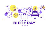 Birthday card design. Celebration party illustration. Party elements icons in line style on white background.