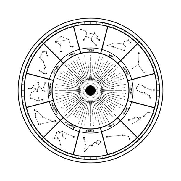 ilustrações, clipart, desenhos animados e ícones de fundo da constelação do zodíaco do círculo preto e branco - astrologia