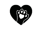 Black and white simple logo with animal paw in heart
