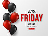 Black Friday sale typographic design. 3d stylized red color letters with glossy balloons. White background. Vector illustration.