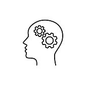 Black isolated outline icon of head of man and cogwheel on white background. Line icon of head and gear wheel.