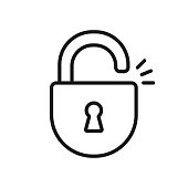 Black isolated outline icon of unlocked lock on white background. Line Icon of padlock.