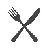 Black silhouette of crossed fork and knife icon vector isolated.