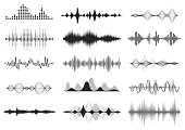 Black sound waves. Music audio frequency, voice line waveform, electronic radio signal, volume level symbol. Vector radio waves set