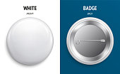 Blank white glossy badge or button. 3d render. Round plastic pin, emblem, volunteer label. Front and Back Side. Vector.