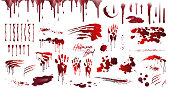 Blood collection, Happy Halloween decoration, Vector bloody horror drop, drip, splatter