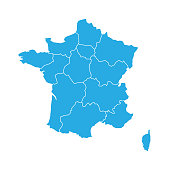 Blue map of France divided into 13 administrative metropolitan regions, since 2016. Vector illustration