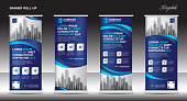 blue Roll up banner template vector, flyer, advertisement, x-banner, poster, pull up design, display, layout vector illustration