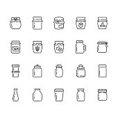 Bottle of jam flat line icons. Glass packaging for fruit confiture, raspberry strawberry jelly container vector illustrations. Thin signs for sweet food store. Pixel perfect 64x64. Editable Strokes