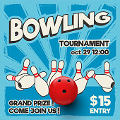 Bowling tournament design template. Vector realistic bowling strike on pop art background.