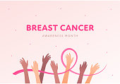 Breast cancer prevention concept. Vector flat illustration. Health care banner template. Pink ribbon symbol around multiethnic human hands. October cancer awareness month. Design element