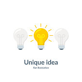 Bright idea concept with light bulb. Unique idea. Vector illustration isolated on white background.
