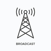 Broadcast flat line icon. Vector outline illustration of communication tower. Wireless signal thin linear pictogram