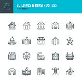Buildings & Constructions - thin line vector icon set. Pixel perfect. Editable stroke. The set contains icons: Residential Building, Bank, Skyscraper, Factory, Hospital, White House, Capitol , Store, Castle, Warehouse, Lighthouse, Eiffel Tower, Bridge, Sc