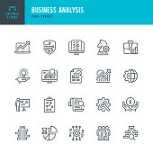 Business Analysis - thin line vector icon set. Pixel perfect. Editable stroke. The set contains icons: Business Strategy, Big Data, Solution, Briefcase, Research, Data Mining, Accountancy.