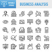 Business Analysis - Thin line vector icon set. Pixel perfect. Editable stroke. For Mobile and Web. The set contains icons: Analyzing, Data, Big Data, Research, Examining, Chart, Diagram, Expertise, Planning, Advice