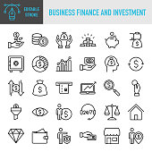 Business Finance and Investment Icons Collection - Thin line vector icon set. Pixel perfect. Editable stroke. For Mobile and Web. The set contains icons: Finance, Saving Money, Bank, Banking, Capital, Financial Control, Money  Management, Investment
