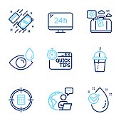 Business icons set. Included icon as Quick tips, Water drop, 24h service signs. Vector